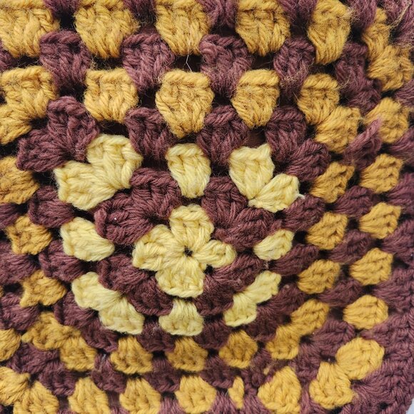 Vintage 1970's Handmade Brown & Yellow Crochet Purse with Leather Strap - Picture 4 of 16